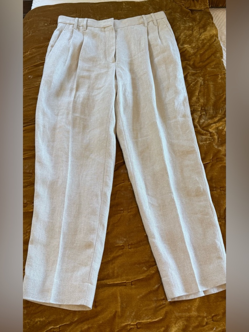 NWT Women’s Brunello Cucinelli Pleated Linen Cream Metallic Pant 10